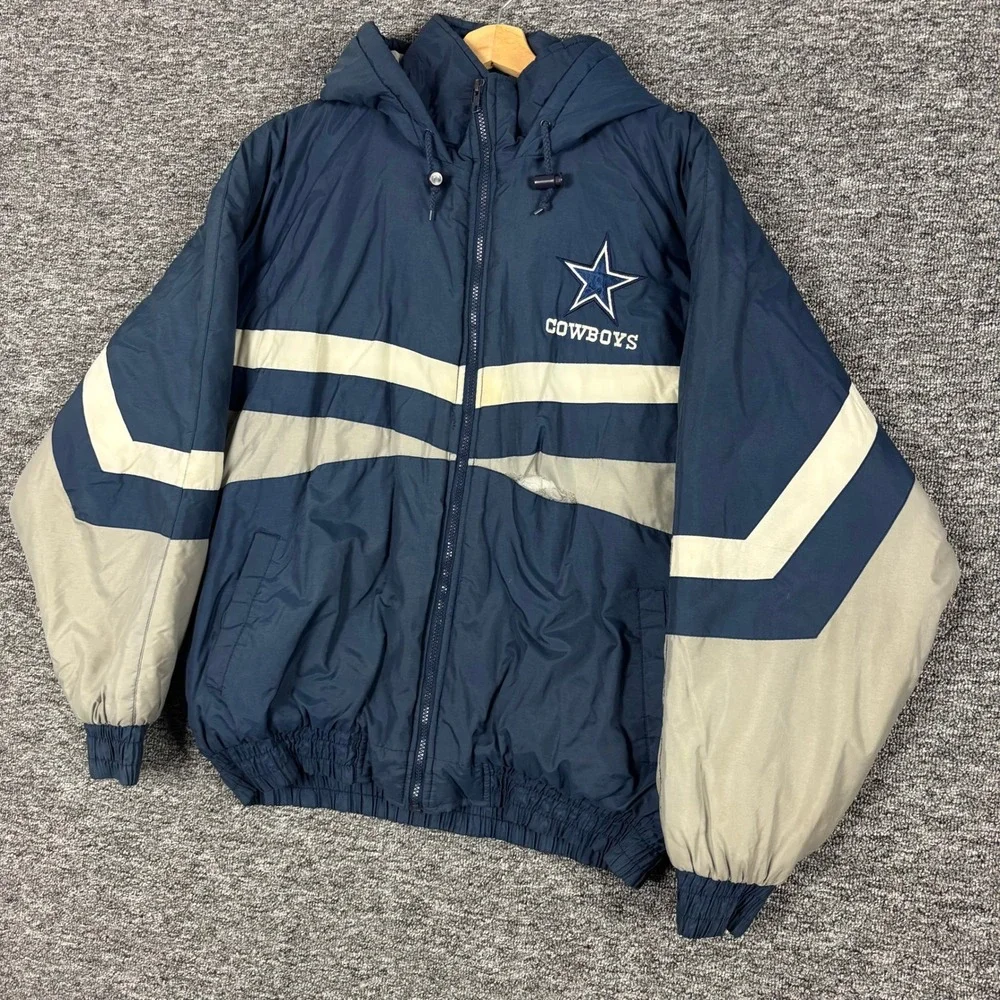 Vintage 90s Official Fan Dallas Cowboys Puffer Jacket Navy Blue Grey Mens XL